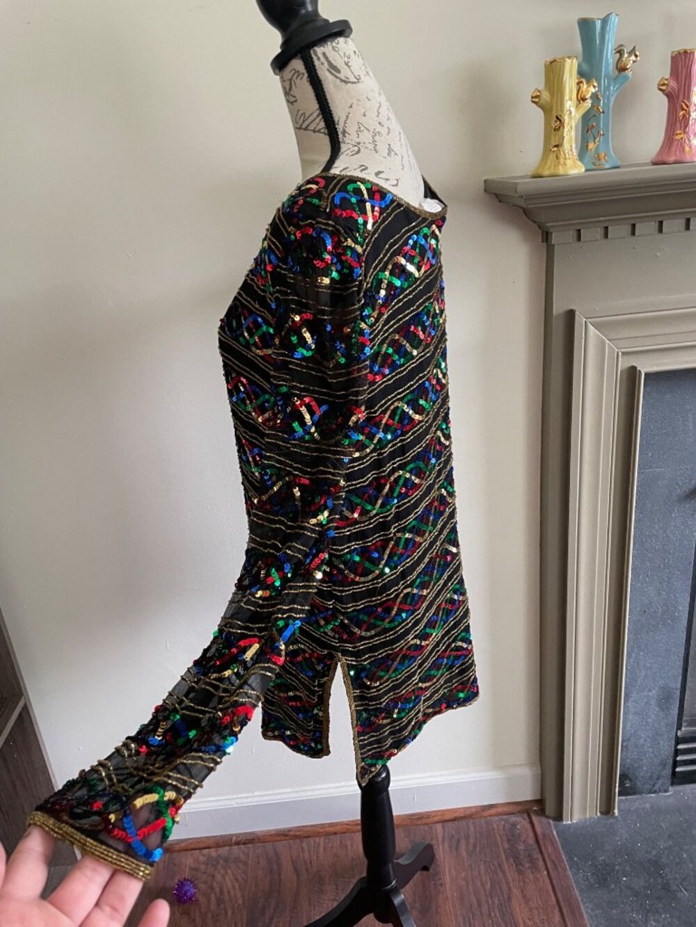 Vintage Stenay Silk Rainbow Sequin Shirt Scoop Neck Blouse Top Showgirl Sparkle - Picture 8 of 14